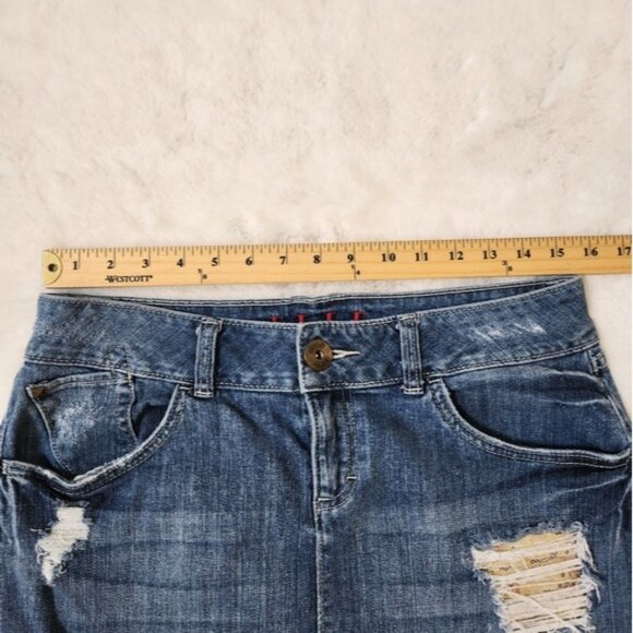 Elle Womens Stretch Blue Denim Mini Skirt Distressed Gold Sequin Detail - Picture 7 of 9